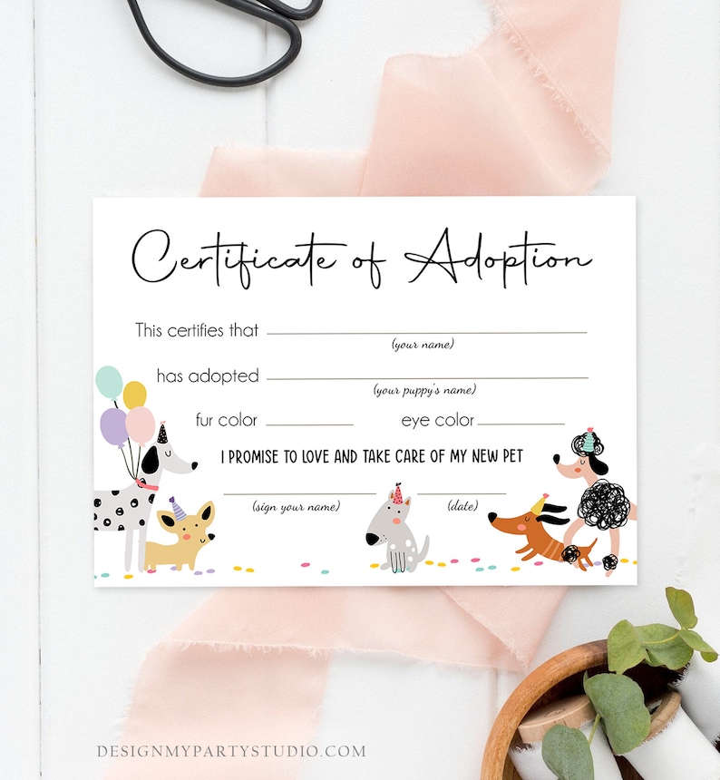 Pet Adoption Certificate Puppy Adoption Dog Birthday Party Adopt A Pet Girl Pink Vet Puppy Adoption Digital Download Printable 0429 image 2