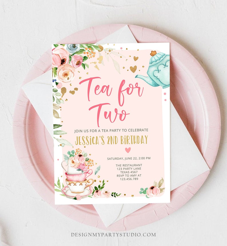 Editable Tea for Two Birthday Invitation Girl Tea Party Invite Etsy