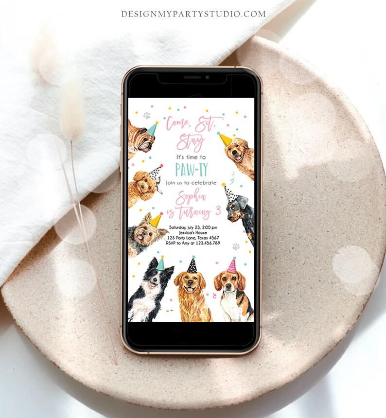 Editable Dog Birthday Party Evite Puppy Birthday Invite Girl Pink Doggy ...