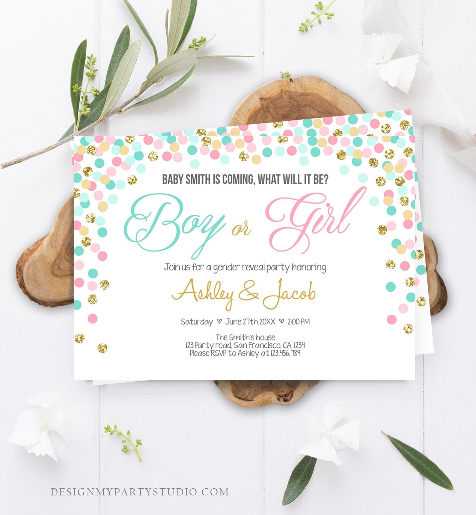 Editable Gender Reveal Invitation Confetti Blue or Pink Gold Etsy