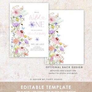 May include: A printable invitation for a first birthday party with a watercolor floral design. The text reads "She's a Wild One" and includes details for the party, such as the date, time, and location. The invitation has an optional back design for photos and details.