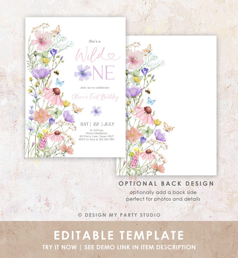 May include: A printable invitation for a first birthday party with a watercolor floral design. The text reads "She's a Wild One" and includes details for the party, such as the date, time, and location. The invitation has an optional back design for photos and details.