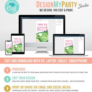 May include: A digital design template for a golf-themed birthday party. The template features a green golf course with a golf ball, a golf cart, and a pink flag with the text "Thank You for coming to my birthday par-tee". The text "Love, Madison" is also included. The template is shown on a computer screen, tablet, and smartphone.