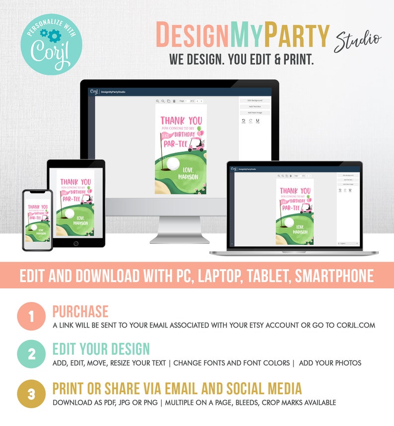 May include: A digital design template for a golf-themed birthday party. The template features a green golf course with a golf ball, a golf cart, and a pink flag with the text "Thank You for coming to my birthday par-tee". The text "Love, Madison" is also included. The template is shown on a computer screen, tablet, and smartphone.