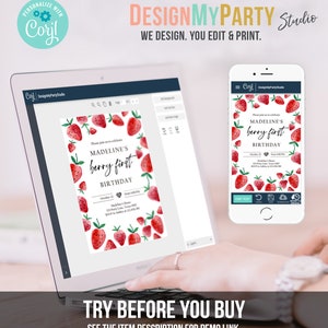 Peut inclure: Un &eacute;cran d'ordinateur affichant un mod&egrave;le d'invitation personnalisable pour une f&ecirc;te de premier anniversaire. Le mod&egrave;le pr&eacute;sente une illustration aquarelle de fraises et le texte "Madeline's Berry First Birthday".