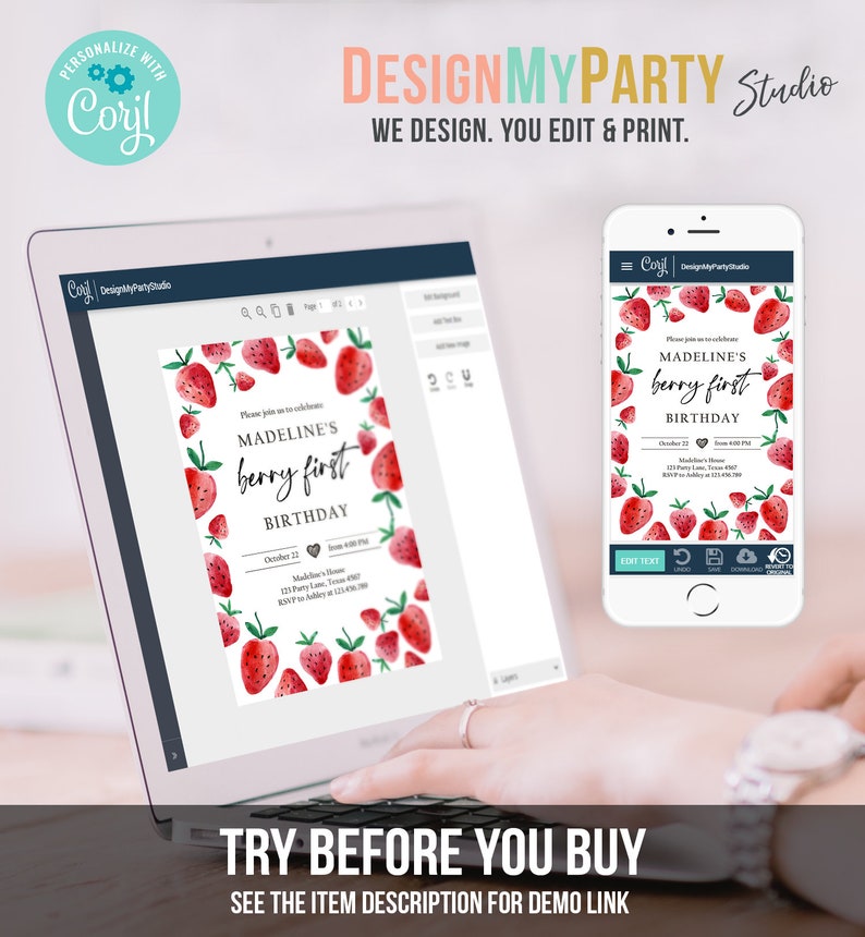 Peut inclure: Un &eacute;cran d'ordinateur affichant un mod&egrave;le d'invitation personnalisable pour une f&ecirc;te de premier anniversaire. Le mod&egrave;le pr&eacute;sente une illustration aquarelle de fraises et le texte "Madeline's Berry First Birthday".