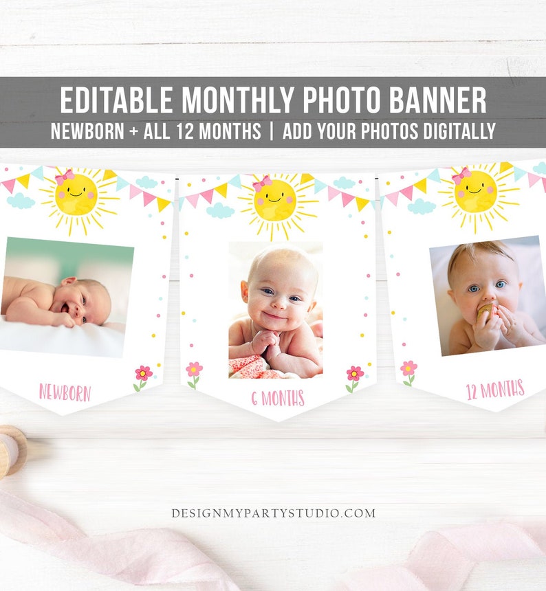 Editable Little Sunshine Monthly Photo Banner First Birthday Banner Pink Girl Bow Sunshine Birthday Decor Summer Digital Corjl Template 0141 image 1