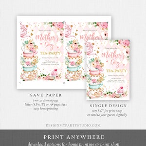 May include: Printable invitation for a Mother's Day tea party. The invitation features a pink and gold design with teacups, flowers, and a cupcake. The text on the invitation reads "Please join us for a Mother's Day Tea-Party".