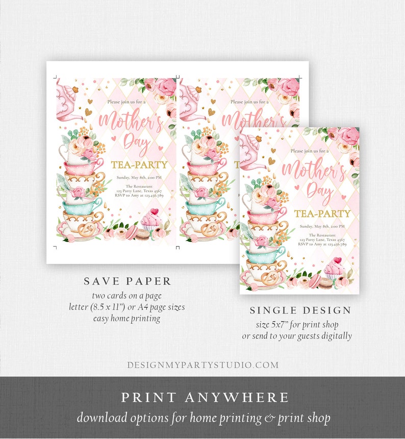 May include: Printable invitation for a Mother's Day tea party. The invitation features a pink and gold design with teacups, flowers, and a cupcake. The text on the invitation reads "Please join us for a Mother's Day Tea-Party".