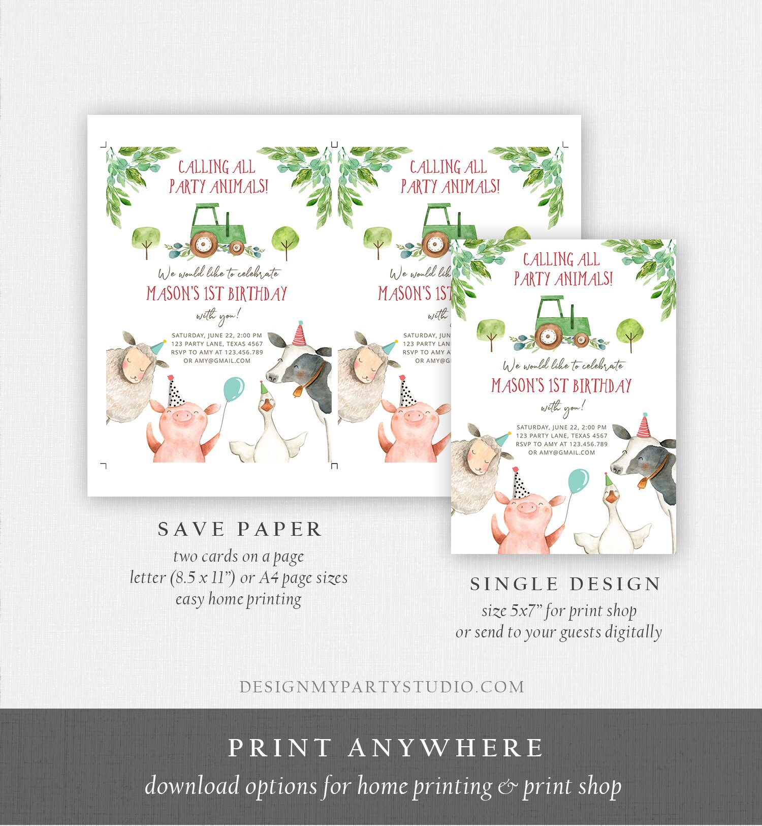 Editable Farm Animals Birthday Invitation Boy Party Animals Green ...