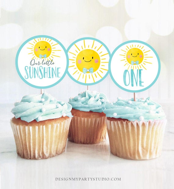 Sunshine Birthday Cupcake Toppers Favor Tags Sunshine Party Little Sunshine Decor Boy Blue 1st Stickers Download Digital PRINTABLE 0141 Il_570xn