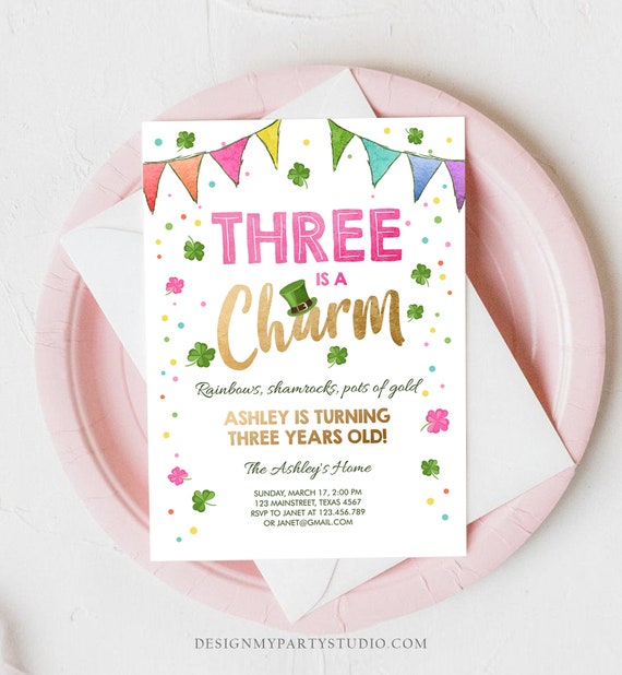 Editable St. Patrick's Day Birthday Invitation Shamrock Clover St Patricks Day 3rd Birthday Three Girl Printable Invite Template Corjl 0115 Il_570xn