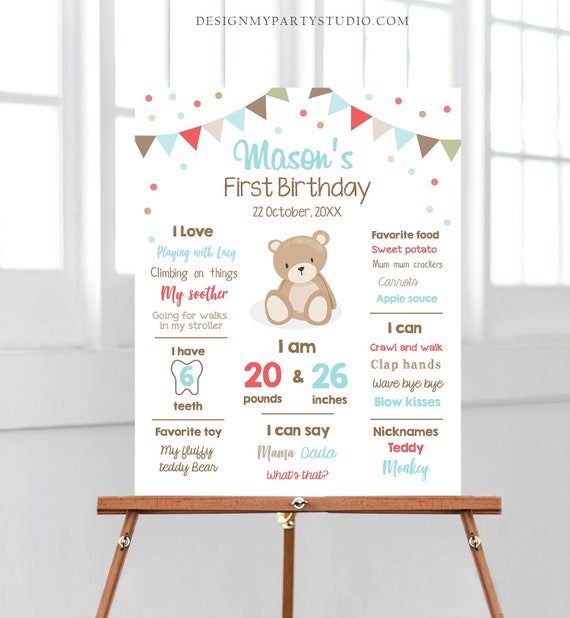 Editable Teddy Bear Birthday Milestones Sign Teddy Bear Picnic Birthday First Birthday Boy Little Cub Download Corjl Template Printable 0100 Il_570xn