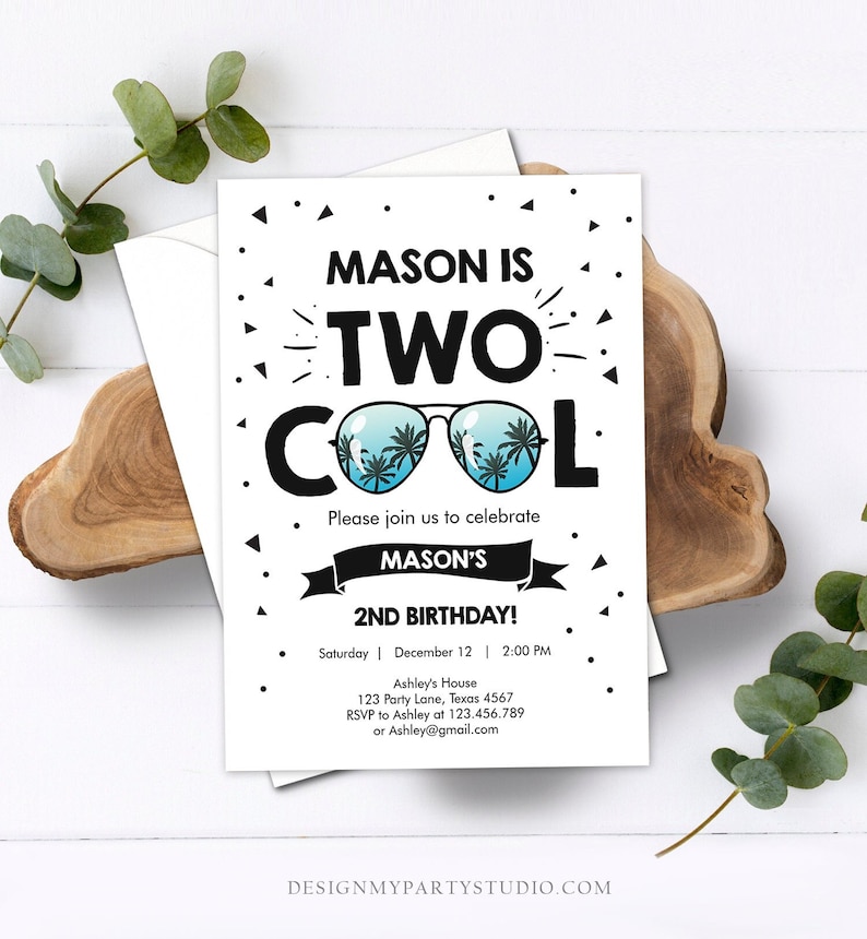 Editable Two Cool Birthday Invitation Boy Second Birthday Party 2nd I'm this Many I'm Two Cool Sunglasses Palm Printable Corjl Template 0136 image 1