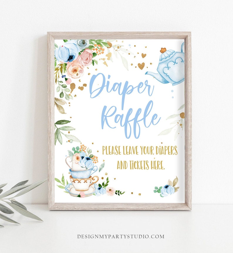 Diaper Raffle Sign Tea Party Favors Baby Shower Diapers and Tickets Blue Gold Floral Baby is Brewing Decor Par-tea Download PRINTABLE 0349 image 1