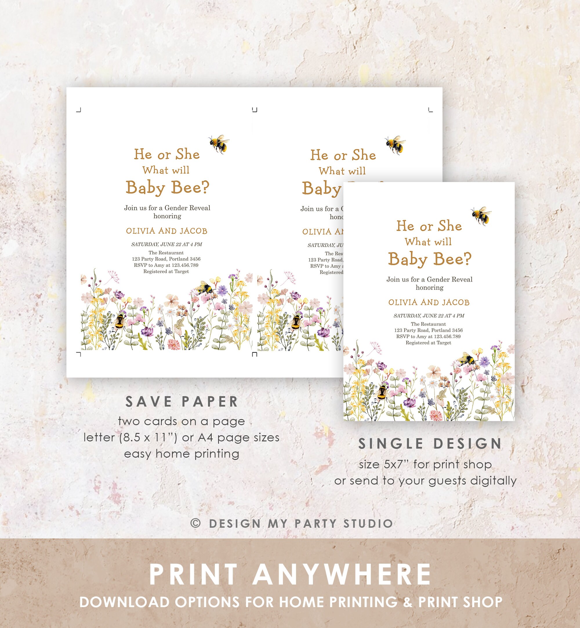 Editable Bee Gender Reveal Invitation What Will Baby Bee Baby Shower ...