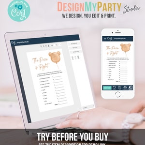 May include: A laptop and smartphone displaying a baby shower game template. The game, titled "The Price is Right," features a bear balloon graphic. The laptop screen shows the game in progress, while the phone displays a mobile version.