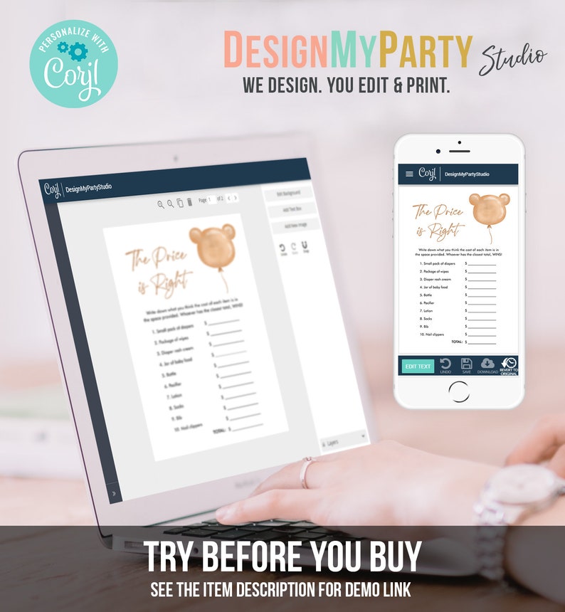 May include: A laptop and smartphone displaying a baby shower game template. The game, titled "The Price is Right," features a bear balloon graphic. The laptop screen shows the game in progress, while the phone displays a mobile version.