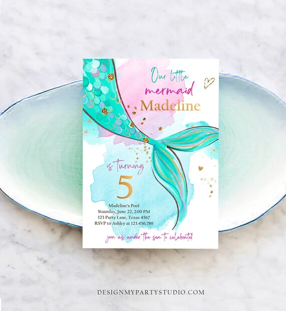 Editable Mermaid Birthday Party Invitation Girl Pink Green Purple Gold Mermaid Birthday Under The Sea Download Printable Template Corjl 0403 Il_570xn
