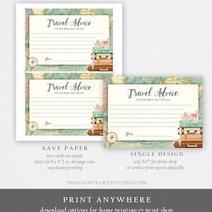 Pu&ograve; includere: Carte di consigli di viaggio stampabili per un matrimonio o un addio al nubilato. Le carte presentano uno sfondo di mappa del mondo vintage con bagagli e fiori. Il testo sulle carte dice "Consigli di viaggio per la sposa e lo sposo".
