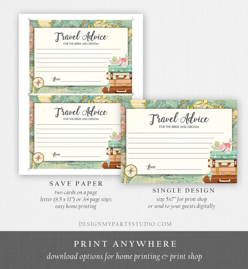 Pu&ograve; includere: Carte di consigli di viaggio stampabili per un matrimonio o un addio al nubilato. Le carte presentano uno sfondo di mappa del mondo vintage con bagagli e fiori. Il testo sulle carte dice "Consigli di viaggio per la sposa e lo sposo".
