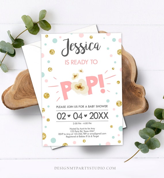 Editable Ready to Pop Baby Shower Invitation Girl Pink Gold Popcorn Confetti Pop Balloon Download Printable Template Digital Corjl 0211 Il_570xn