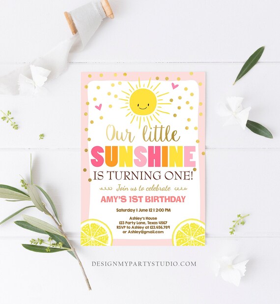 Editable Sunshine and Lemonade Birthday Invitation You are My Sunshine Pink Girl Summer Download Printable Invitation Template Corjl 0070 Il_570xn
