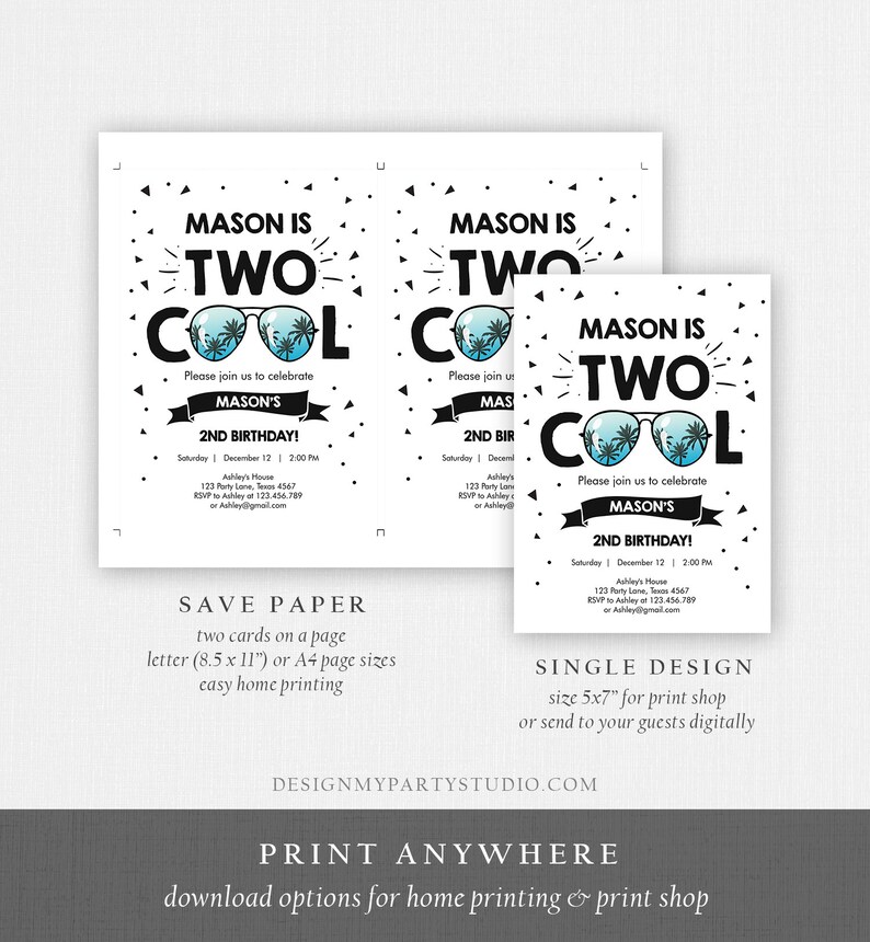 Editable Two Cool Birthday Invitation Boy Second Birthday Party 2nd I'm this Many I'm Two Cool Sunglasses Palm Printable Corjl Template 0136 image 5