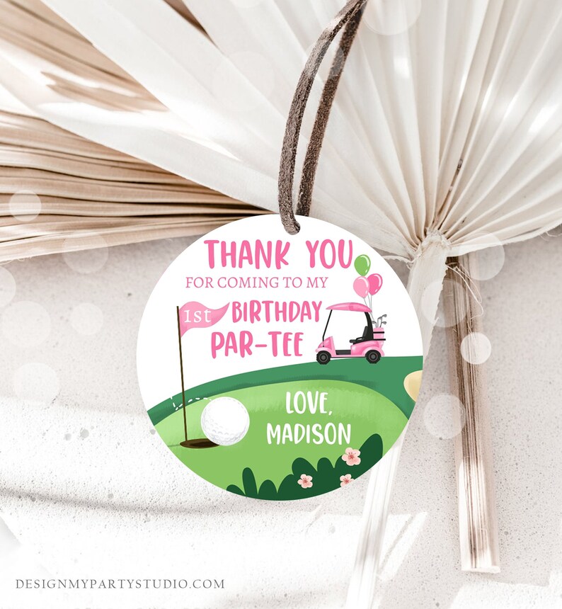 Editable Golf Favor Tags Golf Thank You Par-tee Stickers Golfing Birthday Hole in One 1st Birthday Girl Pink Download Corjl Template 0405 image 3