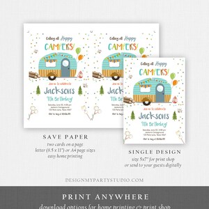 May include: A printable invitation for a 9th birthday party with a camping theme. The invitation features a blue and yellow camper with a green awning and a white background with colorful confetti. The text on the invitation reads "Calling all Happy Campers!" and "Join us to celebrate Jackson's 9th Birthday!"