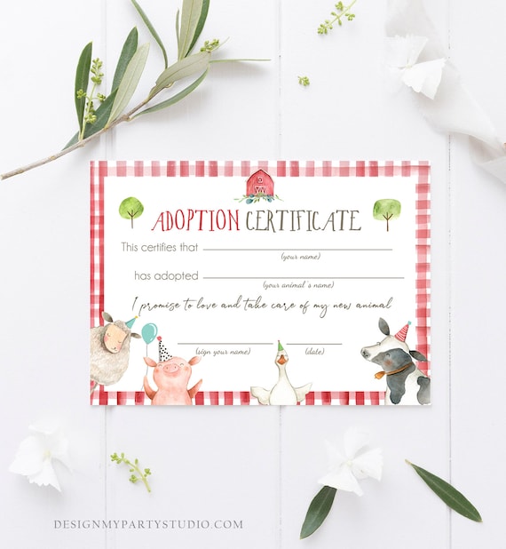 Adopt an Animal Adoption Certificate Farm Animals Adoption Red