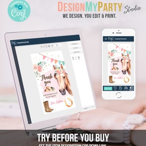 May include: A pink and white thank you card with a watercolor illustration of a horse wearing a floral headband. The text on the card reads "Thank you for riding on by to my party! Love, Sophia".
