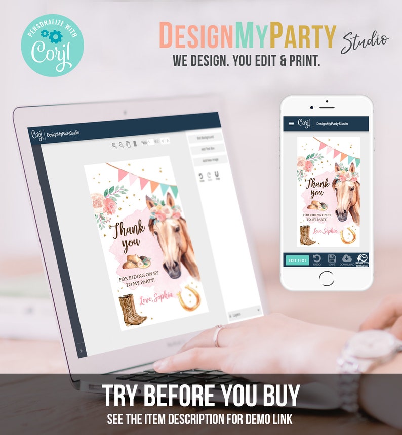 May include: A pink and white thank you card with a watercolor illustration of a horse wearing a floral headband. The text on the card reads "Thank you for riding on by to my party! Love, Sophia".