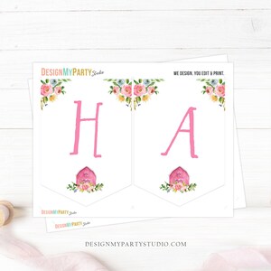 May include: Printable banner with the word "HA" in pink letters, decorated with pink and white flowers, green leaves, and a red barn illustration. The banner is designed for a party or celebration.