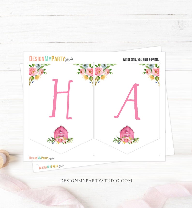 May include: Printable banner with the word "HA" in pink letters, decorated with pink and white flowers, green leaves, and a red barn illustration. The banner is designed for a party or celebration.