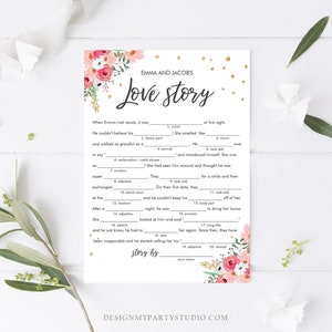May include: A pink and green floral design with gold glitter accents. The text "Emma and Jacob's Love Story" is at the top of the page. The page is a fill-in-the-blank story about a couple's love story.