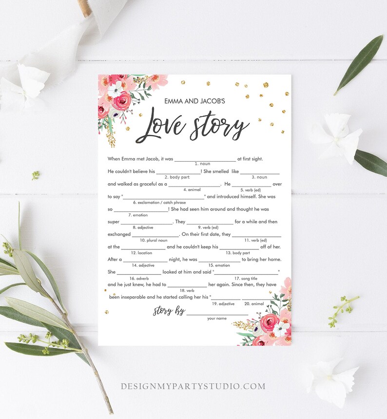 May include: A pink and green floral design with gold glitter accents. The text "Emma and Jacob's Love Story" is at the top of the page. The page is a fill-in-the-blank story about a couple's love story.
