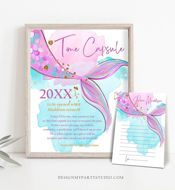 Editable Mermaid Time Capsule First Birthday Party Watercolor Mermaid