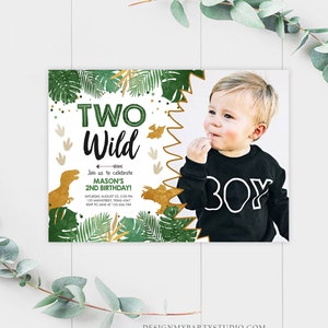 May include: A green and gold dinosaur themed birthday invitation with a photo of a young boy. The invitation says "Two Wild" and includes the text "Join us to celebrate Mason's 2nd Birthday!" with details for the party.