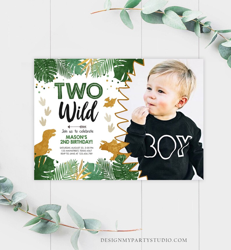 May include: A green and gold dinosaur themed birthday invitation with a photo of a young boy. The invitation says "Two Wild" and includes the text "Join us to celebrate Mason's 2nd Birthday!" with details for the party.