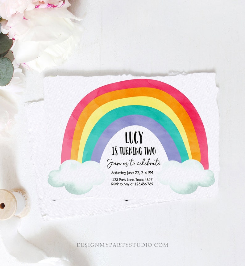 Editable Rainbow Birthday Invitation Kids Girl Boy Neutral Party Clouds Colorful Rainbow Colors Printable Corjl Template Digital 0272 image 3