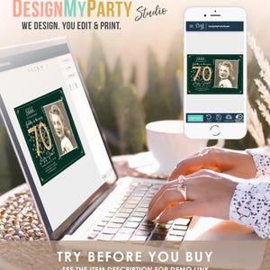 Peut inclure: Une invitation num&eacute;rique verte et dor&eacute;e avec une photo d'une femme et le texte "Shhh... 70th Birthday in the Making". L'invitation est affich&eacute;e sur l'&eacute;cran d'un ordinateur portable.