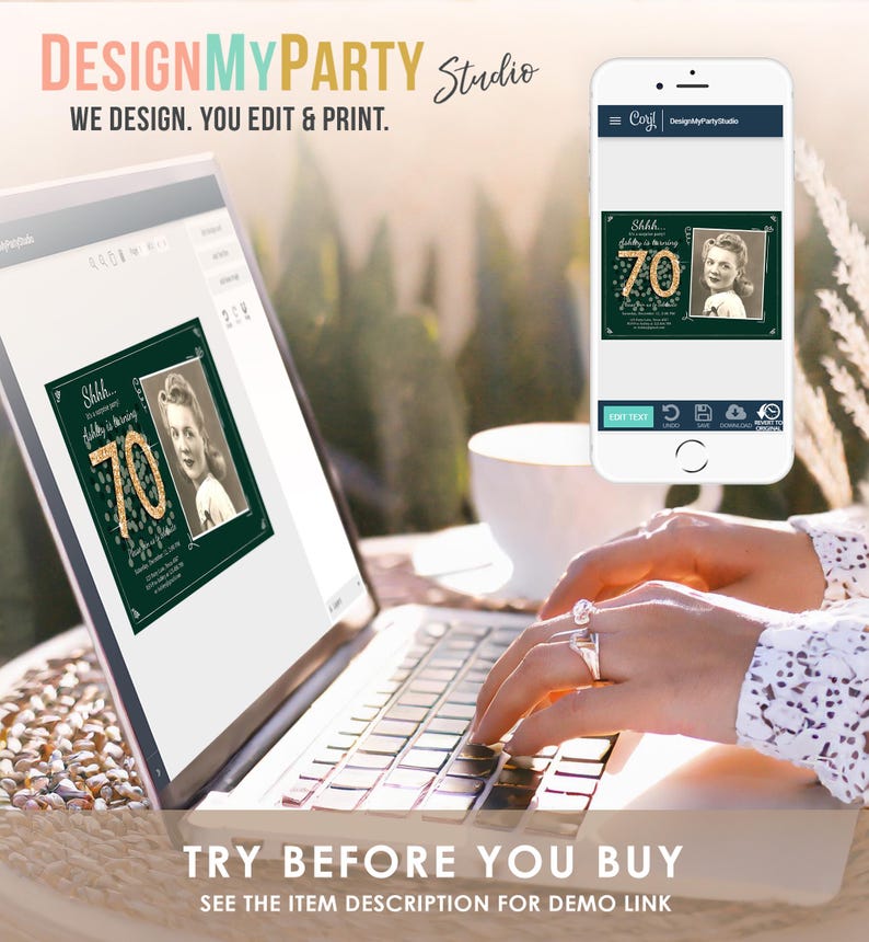 Peut inclure: Une invitation num&eacute;rique verte et dor&eacute;e avec une photo d'une femme et le texte "Shhh... 70th Birthday in the Making". L'invitation est affich&eacute;e sur l'&eacute;cran d'un ordinateur portable.