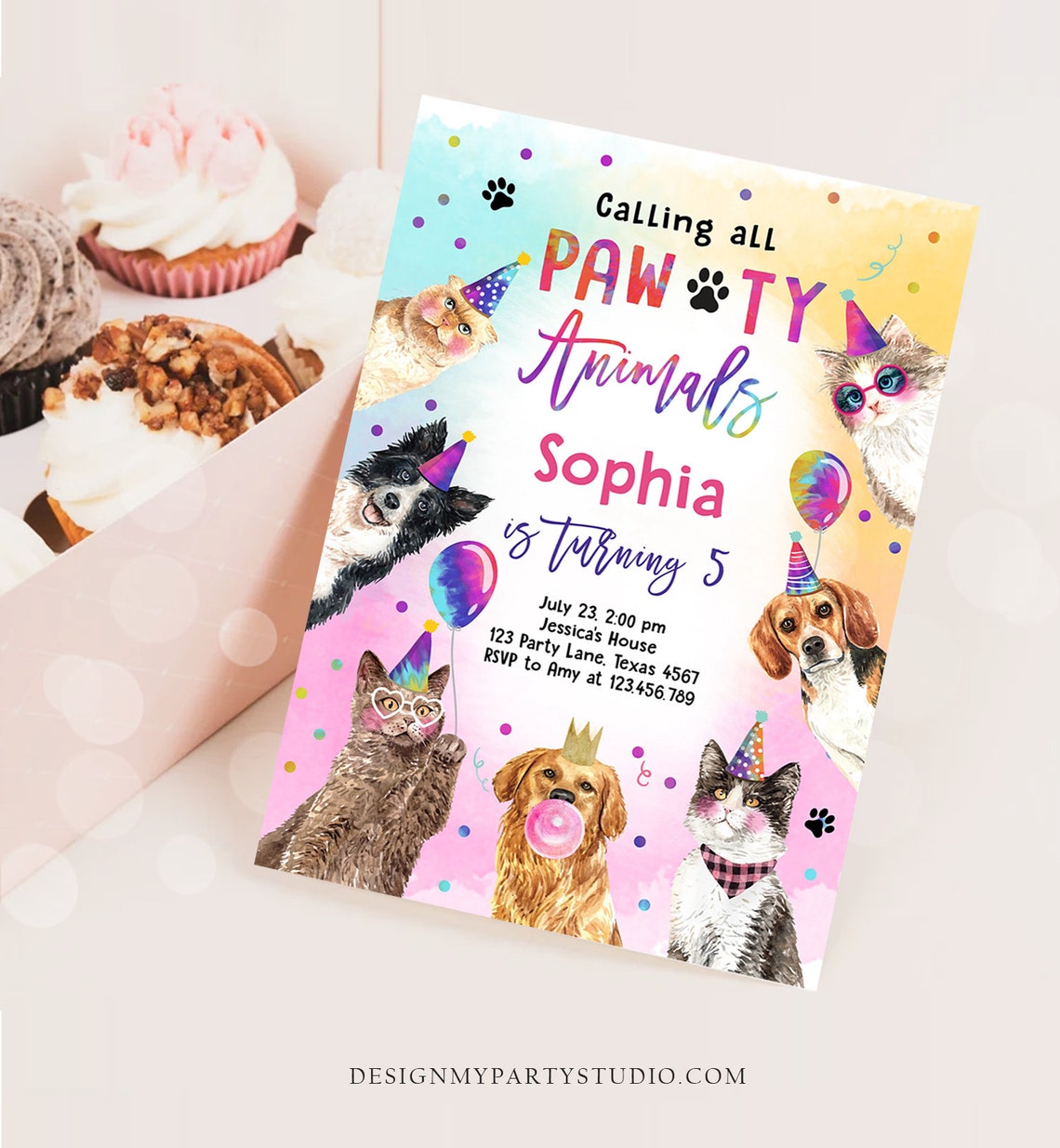 Editable Cats and Dogs Birthday Invitation Pawty Birthday Party Invite ...