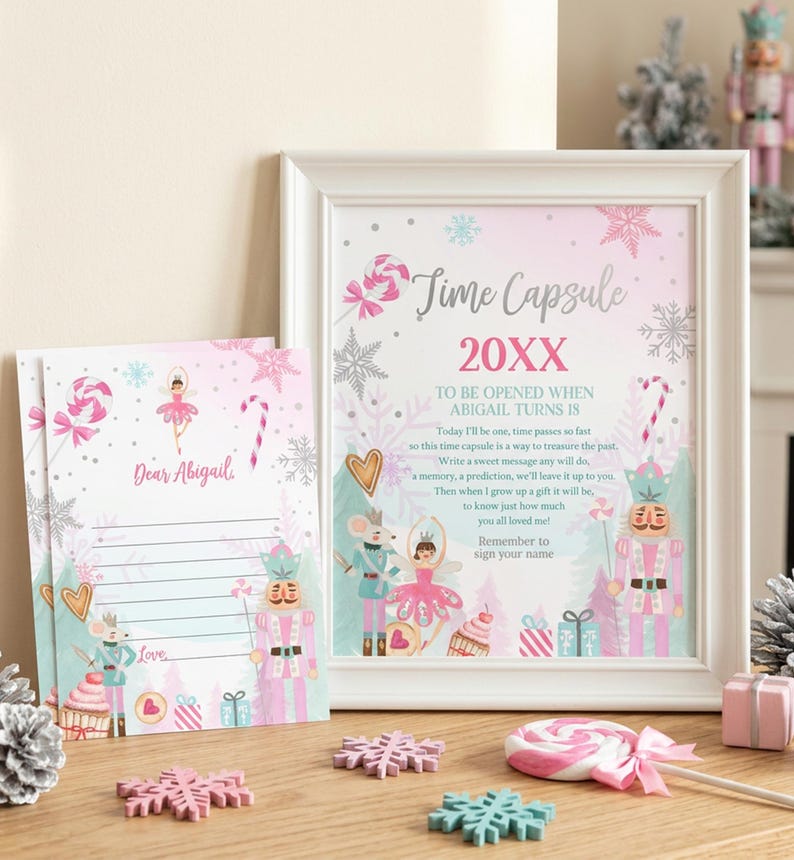 May include: A white framed sign and matching stationery featuring a pink and blue winter theme with nutcracker, ballerina, and candy illustrations. The text reads Time Capsule 20XX, To be opened when Abigail turns 18, and Dear Abigail with lines.