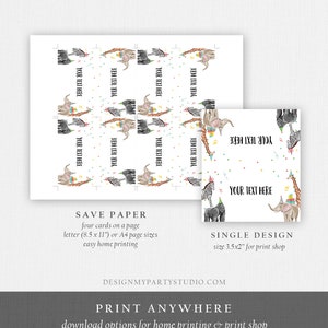 May include: Printable party favor tags featuring a cute cartoon elephant, giraffe, and zebra wearing party hats. The tags are designed for easy home printing and come in a 4-pack on a letter-sized sheet.  The tags are also available as a single design for print shops.