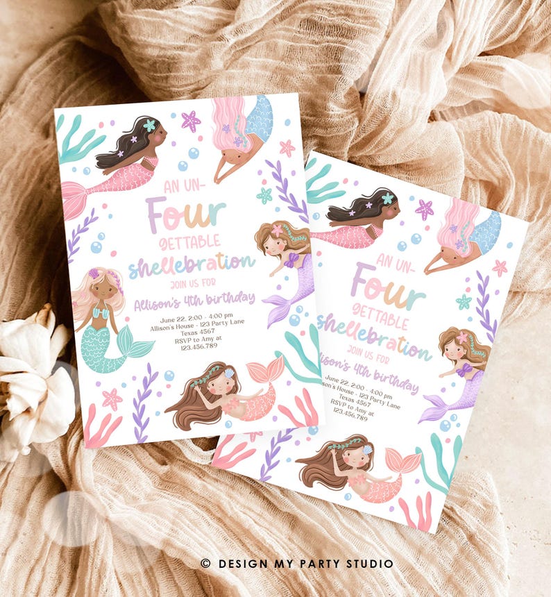 Editable Un Four Gettable Mermaid Birthday Invitation 4th Birthday Purple Under The Sea Pool Party Pastel Download Printable Template 0546 image 1