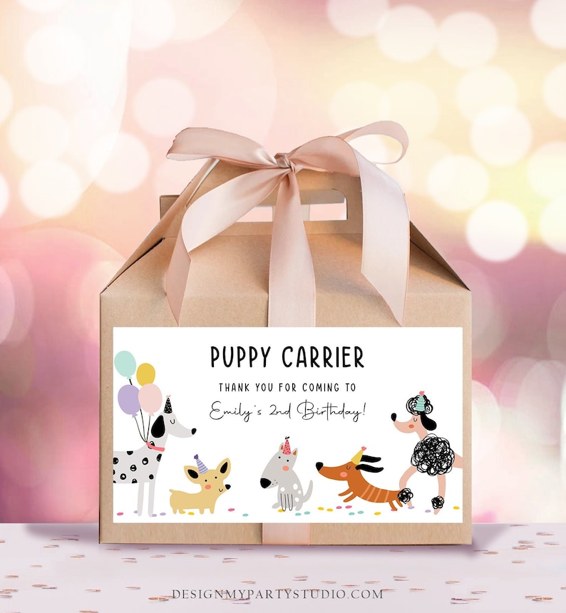Editable Puppy Carrier Box Favor Label Puppy Birthday Favor Box Label Boy Girl Adopt a Puppy Pet Pawty Digital Download Printable Corjl 0429 image 1