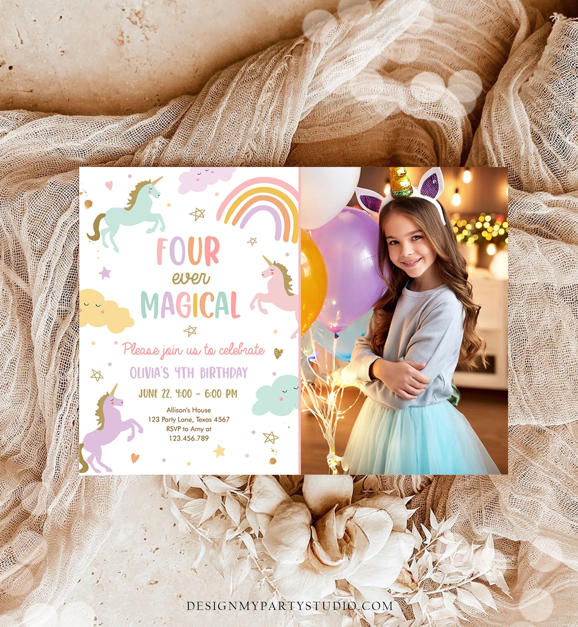 Editable Unicorn 4th Birthday Invitation Four Ever Magical Party Invite ...