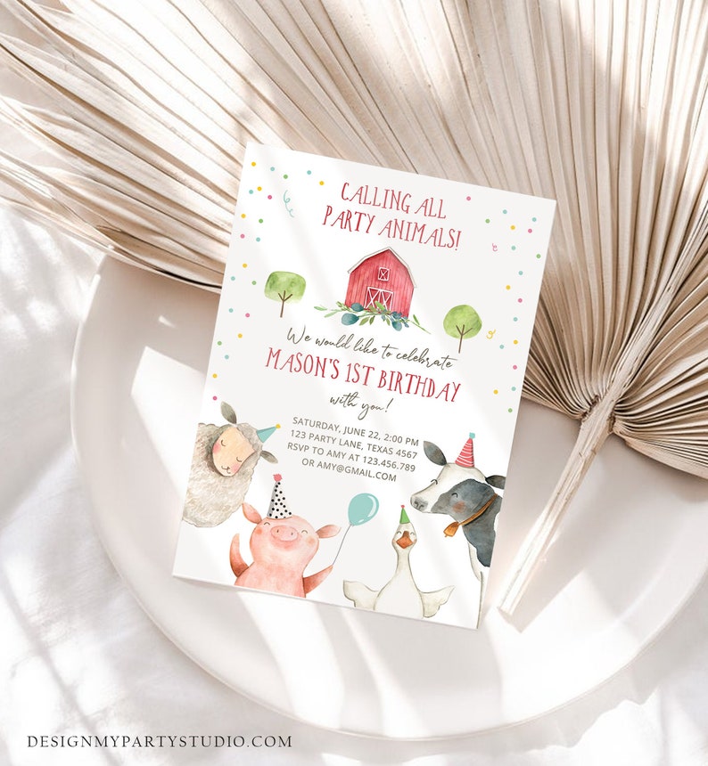 May include: A colorful invitation for a first birthday party with a farm theme. The invitation features a red barn, a pig, a sheep, a cow, and a goose. The text on the invitation reads "Calling all party animals! We would like to celebrate Mason's 1st Birthday with you!"